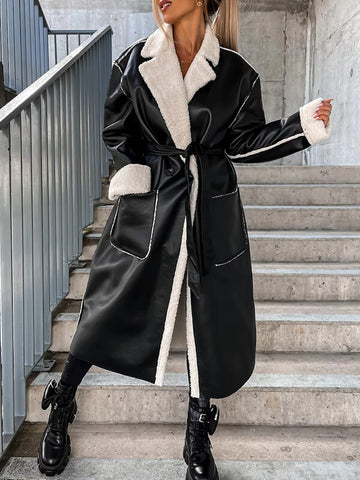 Airchics longue manteau simili cuir boutons avec poches ceinture col revers femme oversized